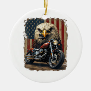 Motorcycle USA Flag Retro Biker Chopper Ceramic Ornament