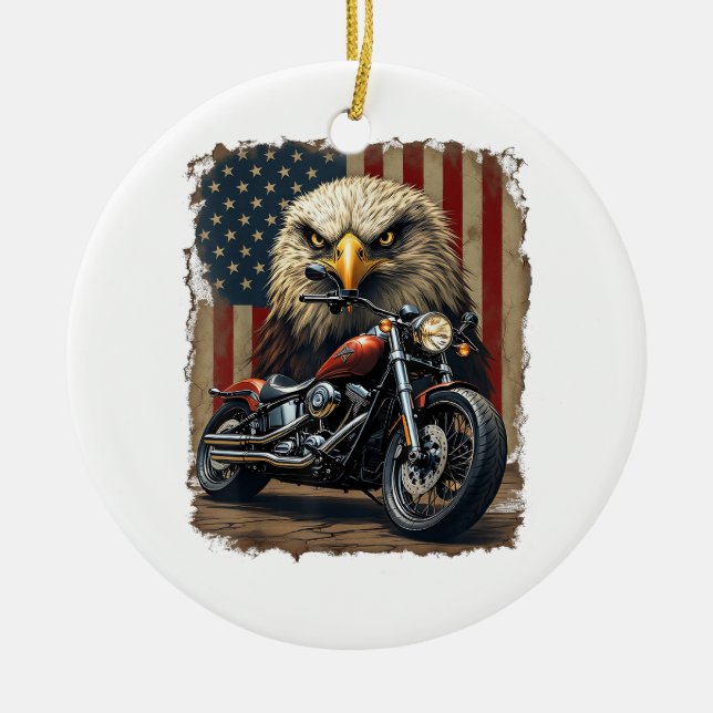 Motorcycle USA Flag Retro Biker Chopper Ceramic Ornament (Front)