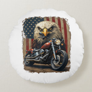 Motorcycle USA Flag Retro Biker Chopper Round Cushion