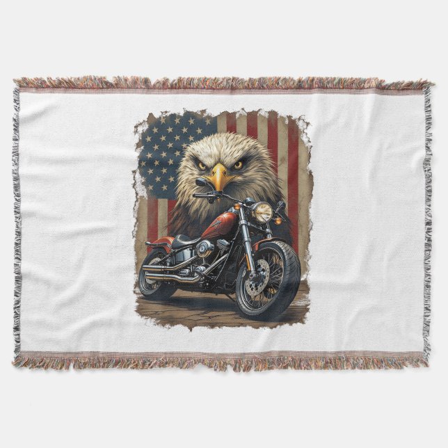 Motorcycle USA Flag Retro Biker Chopper Throw Blanket (Front)