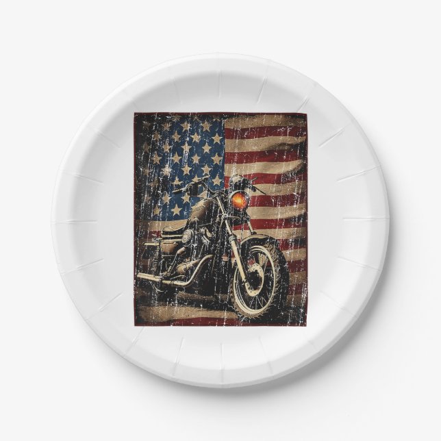 Motorcycle USA Flag Retro Biker Paper Plate (Front)