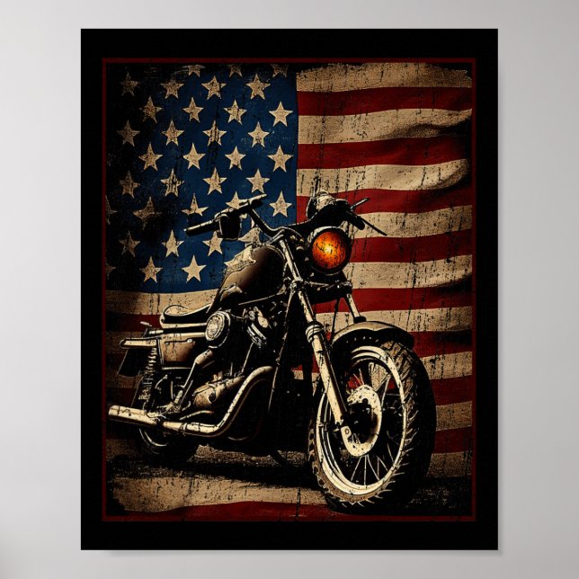 Motorcycle Usa Flag Retro Biker  Poster (Front)