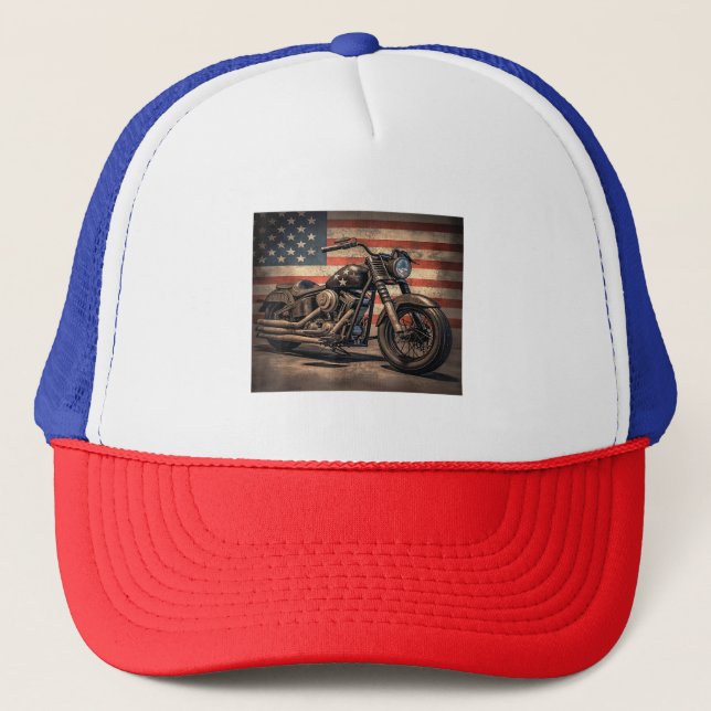 Motorcycle USA Flag Retro Biker Trucker Hat (Front)