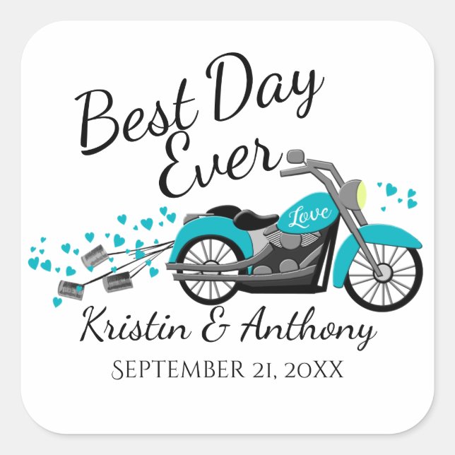 Motorcycle Wedding Aqua and Grey Square Sticker (Front)