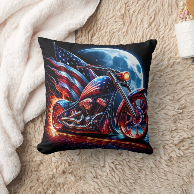 Motorcycle with American flag against a full moon Cushion (Blanket)