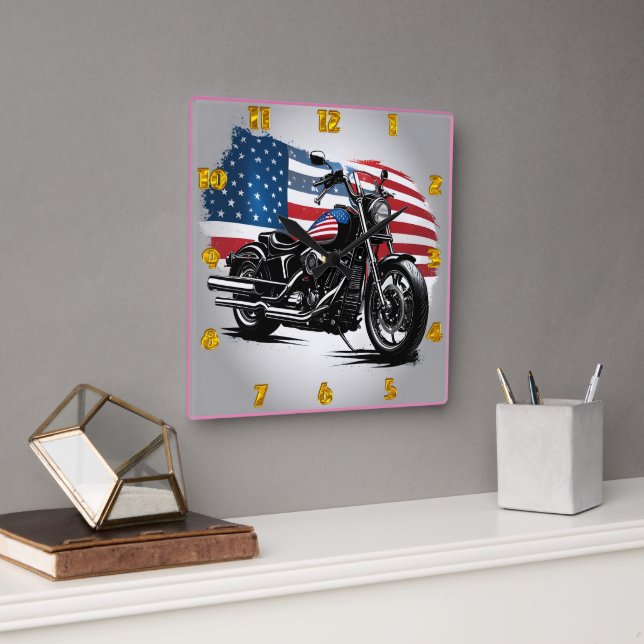 Motorcycle with American flag backdrop Square Wall Clock (Office)