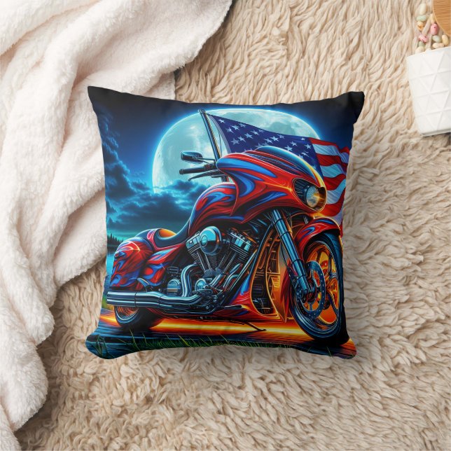 Motorcycle with American flag under a full moon Cushion (Blanket)