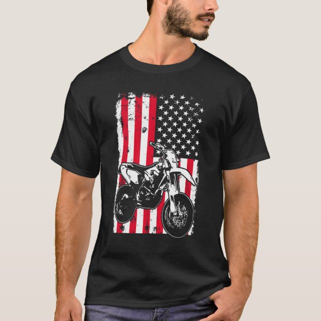 Motorcycle With Us American Flag Fourth 4th Of Jul T-Shirt (Front)