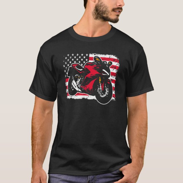 Motorcycle With Us American Flag Fourth 4th Of Jul T-Shirt (Front)