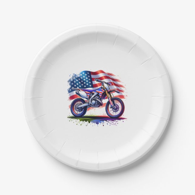 Motorcycle with USA Flag, 4th July Paper Plate (Front)
