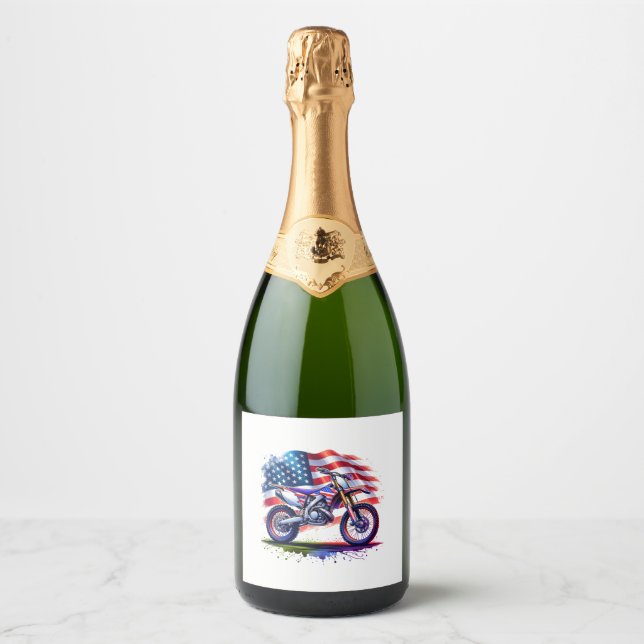 Motorcycle with USA Flag, 4th July Sparkling Wine Label (Front)