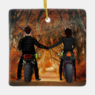 Motorcycles Autumn Forest Couples Christmas Ceramic Ornament