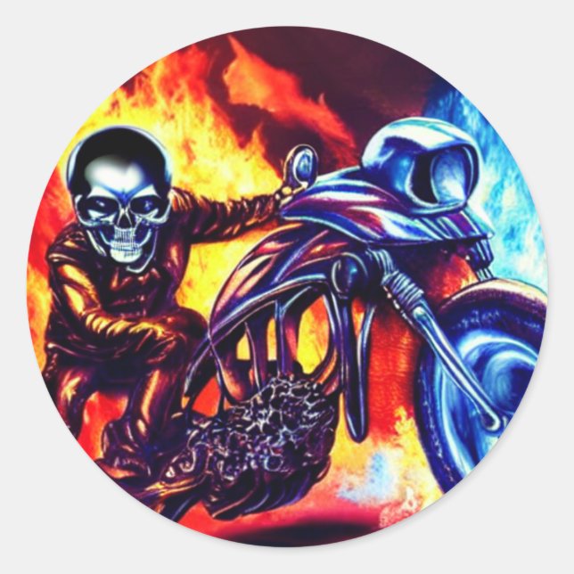 Motorcycles Flaming Skeleton Round Sticker (Front)