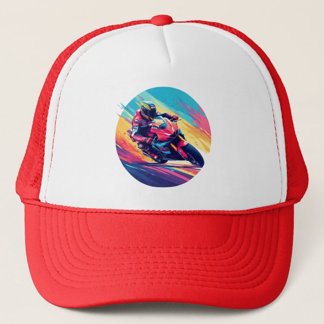 Motorcyclist Racing Dynamic Illustration Trucker Hat (Front)