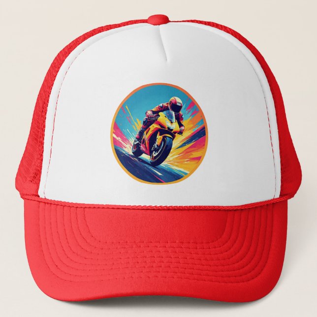 Motorcyclist Racing Dynamic Illustration Trucker Hat (Front)