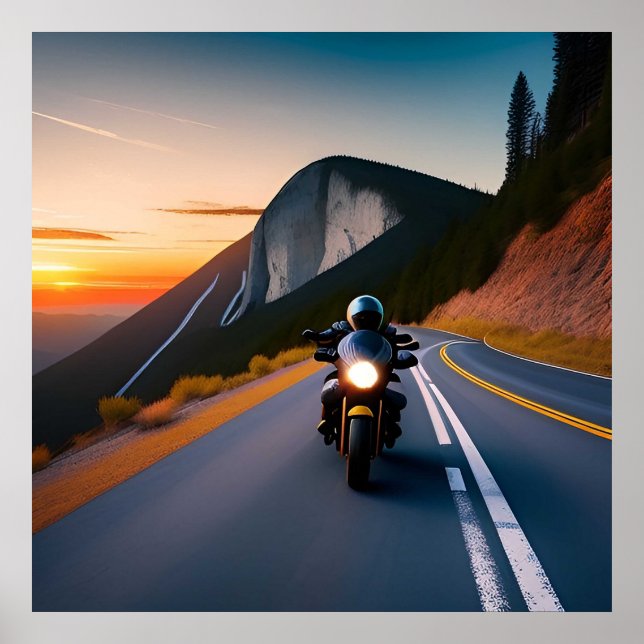 Motorcyclist Riding Along Mountain Road Poster (Front)