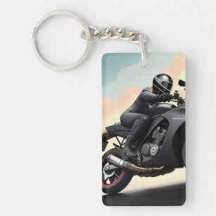 Motorcyclist Riding High-Performance Bike Key Ring