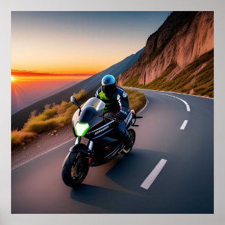 Motorcyclist Riding on Scenic Mountain Road Poster