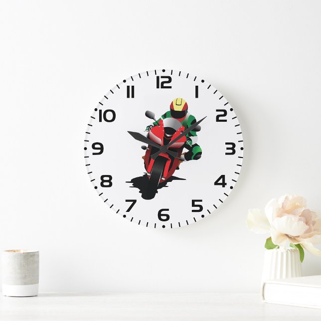 Motorcyclist Riding Red Sportbike Large Clock (Creator Uploaded)