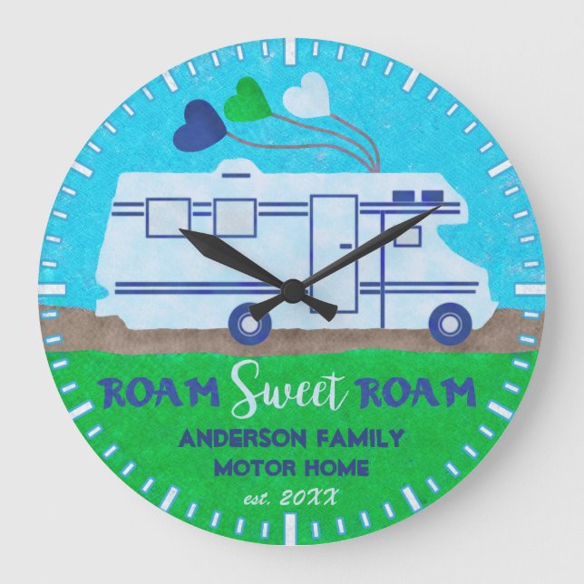 Motorhome RV Camper Roam Personalised Name V2 Large Clock (Front)