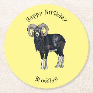 Mouflon sheep cartoon illustration round paper coaster