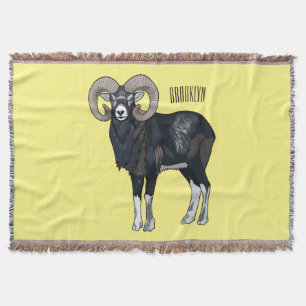 Mouflon sheep cartoon illustration throw blanket