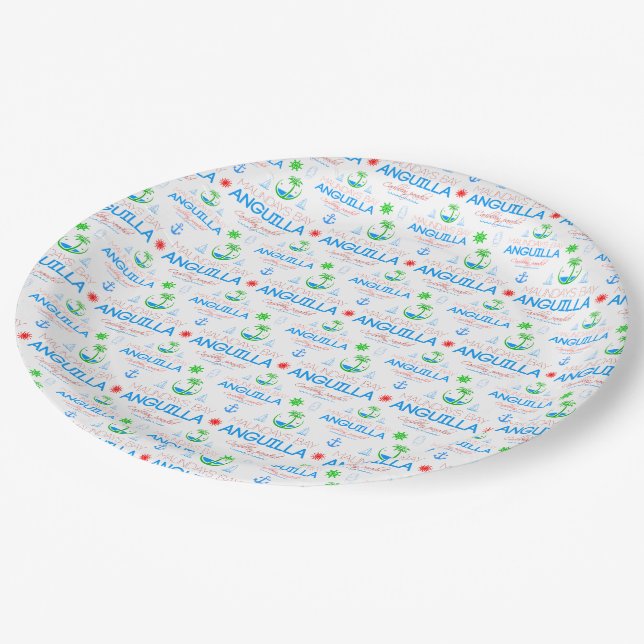 Moundays Bay, Anguilla Colour Text, Images Pattern Paper Plate (Angled)