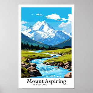 Mount Aspiring New Zealand Travel Illustration Poster