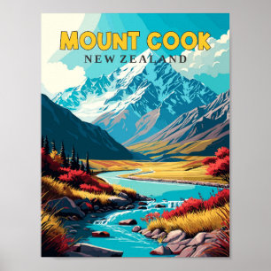 Mount Cook New Zealand vintage travel illustration Poster