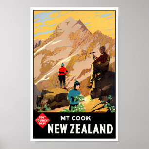 Mount Cook New Zealand vintage travel Poster