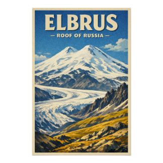 Mount Elbrus, Russia, in a classic retro Poster