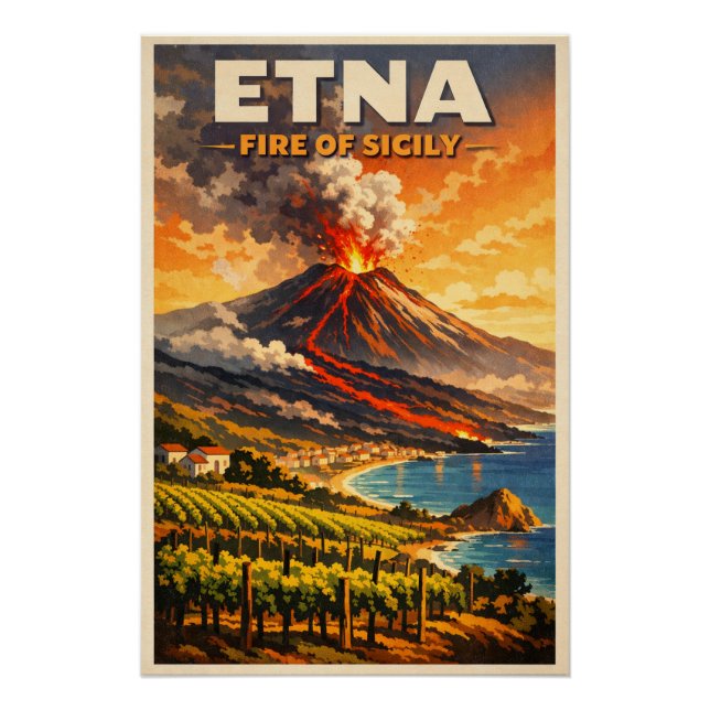 Mount Etna, Italy, in a classic retro Poster (Front)