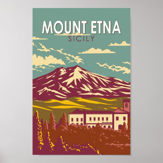 Mount Etna Sicily Travel Art Vintage Poster (Front)