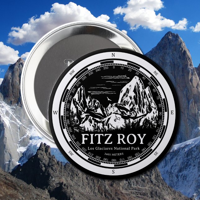 Mount Fitz Roy - Cerro Chaltén South America 10 Cm Round Badge (Mount Fitz Roy Button in Back with a white compass and mountain illustration)