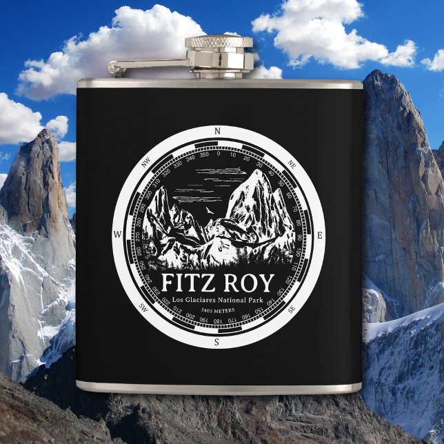 Mount Fitz Roy - Cerro Chaltén South America Hip Flask (Mount Fitz Roy Flask in Back with a white compass and mountain illustration)