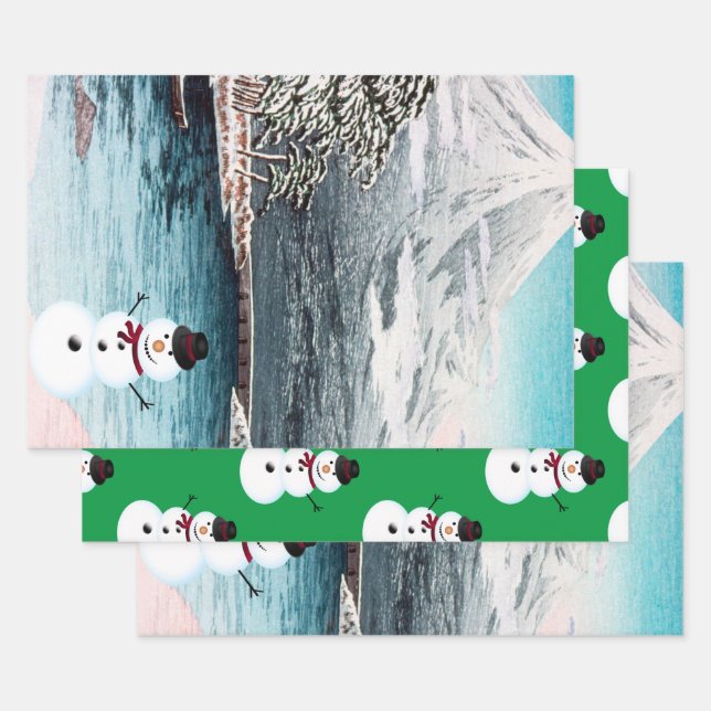 Mount Fuji and A Snowman  Wrapping Paper Sheet (Set)