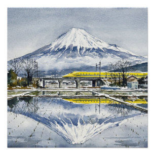 Mount Fuji and the Shinkansen Doctor Yellow Poster