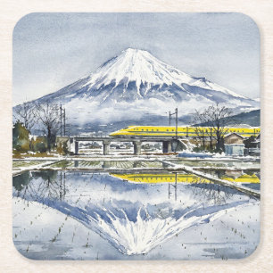 Mount Fuji and the Shinkansen Doctor Yellow Square Paper Coaster