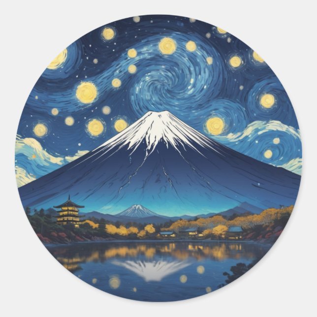 mount fuji at starry night classic round sticker (Front)