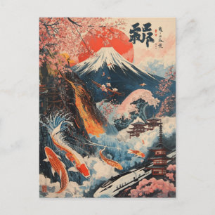 Mount Fuji Cherry Blossom Koi Fish Japanese Art Postcard