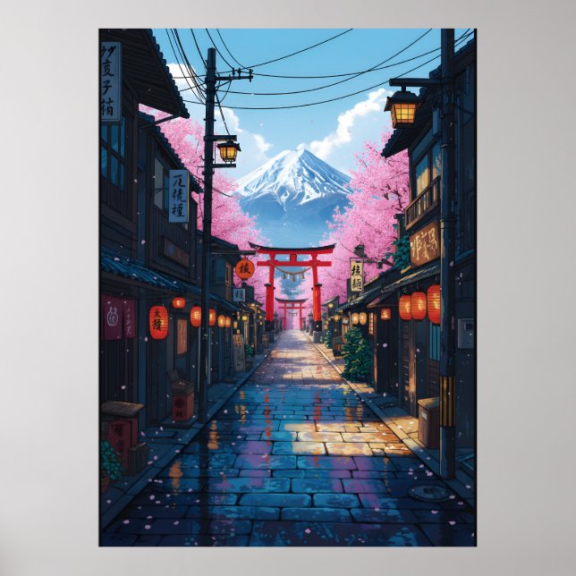 Mount Fuji Cherry Blossom Street Japanese Torii Poster (Front)