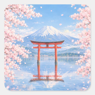 Mount Fuji, Cherry Blossoms, and a Red Torii Gate: Square Sticker