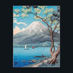 Mount Fuji from Lake Yamanaka, Takahashi, Japanese Postcard<br><div class="desc">Born in Tokyo in the late 1800's, Hiroaki Takahashi was a Japanese woodblock artist and part of the shin-hanga art movement. Spring is in the air at Mount Fuji on a bright and sunny day with flowering trees, blue sky and blue water with boats on Lake Takahashi. A lovely view...</div>