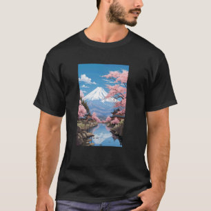 Mount Fuji Japan Art With Sakura Flowers T-Shirt