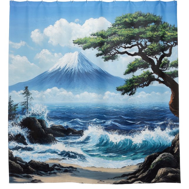 Mount Fuji Japan Ocean View Painting Shower Curtain (Front)