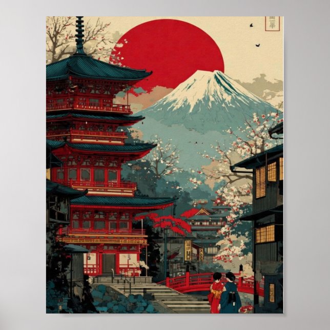 Mount Fuji & Red Pagoda Poster – Japanese Sunrise  (Front)