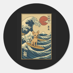 Mount Fuji Sunset Wave Art Japanese Surfing Dog Ch Classic Round Sticker
