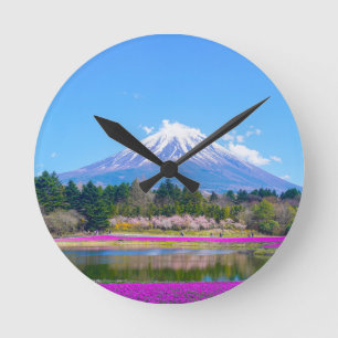 Mount Fuji Trees and Flowers Round Clock
