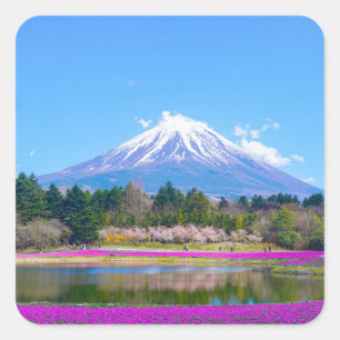 Mount Fuji Trees and Flowers Square Sticker