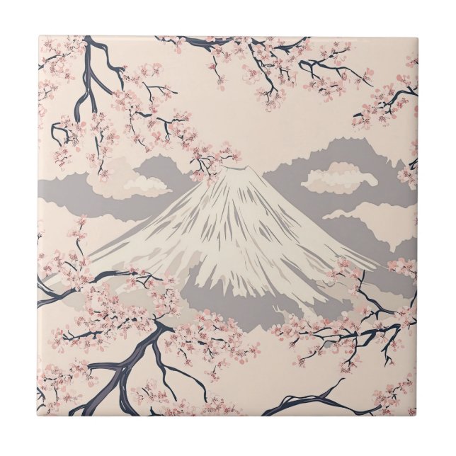 Mount Fuji with Cherry Blossoms – Japanese (2) Ceramic Tile (Front)